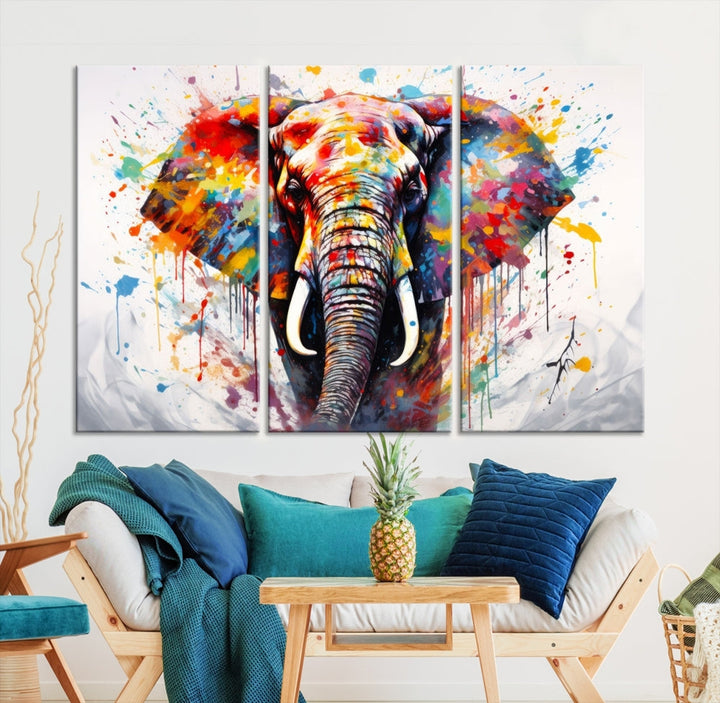 Set of Elephant Abstract Canvas Wall Art Print Framed Modern Artwork for Walls