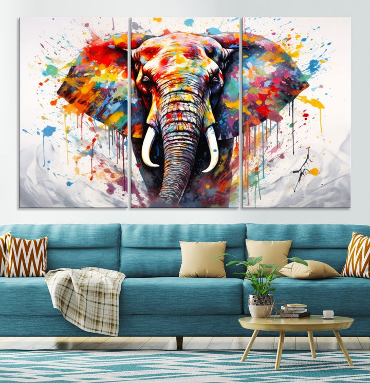 Set of Elephant Abstract Canvas Wall Art Print Framed Modern Artwork for Walls