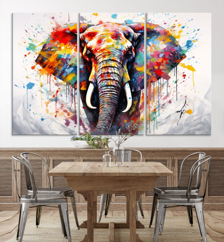 Set of Elephant Abstract Canvas Wall Art Print Framed Modern Artwork for Walls