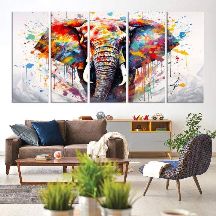 Set of Elephant Abstract Canvas Wall Art Print Framed Modern Artwork for Walls