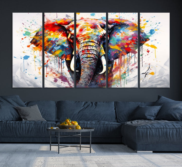 Set of Elephant Abstract Canvas Wall Art Print Framed Modern Artwork for Walls