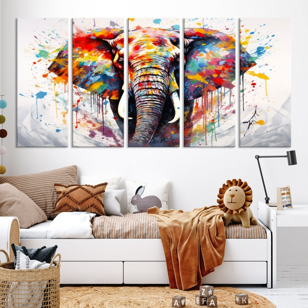 Set of Elephant Abstract Canvas Wall Art Print Framed Modern Artwork for Walls