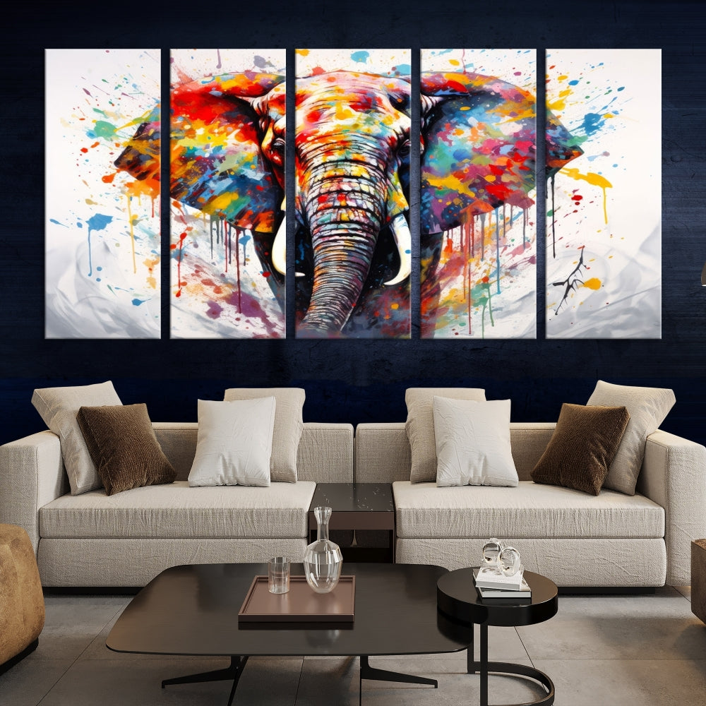 Set of Elephant Abstract Canvas Wall Art Print Framed Modern Artwork for Walls