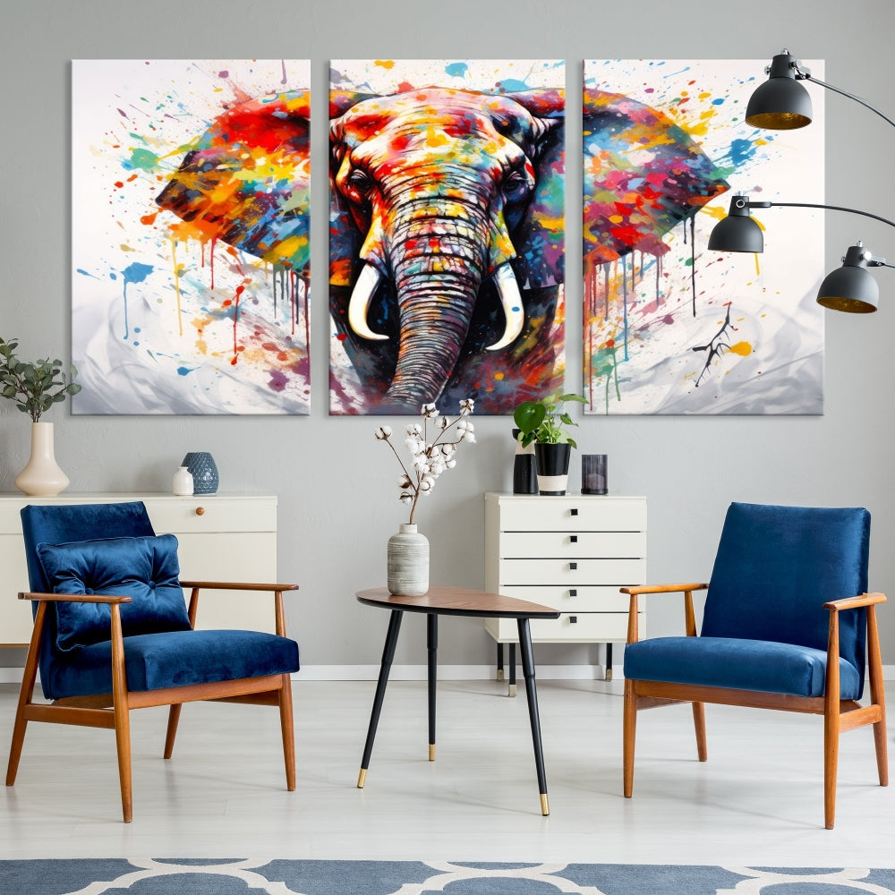 Set of Elephant Abstract Canvas Wall Art Print Framed Modern Artwork for Walls