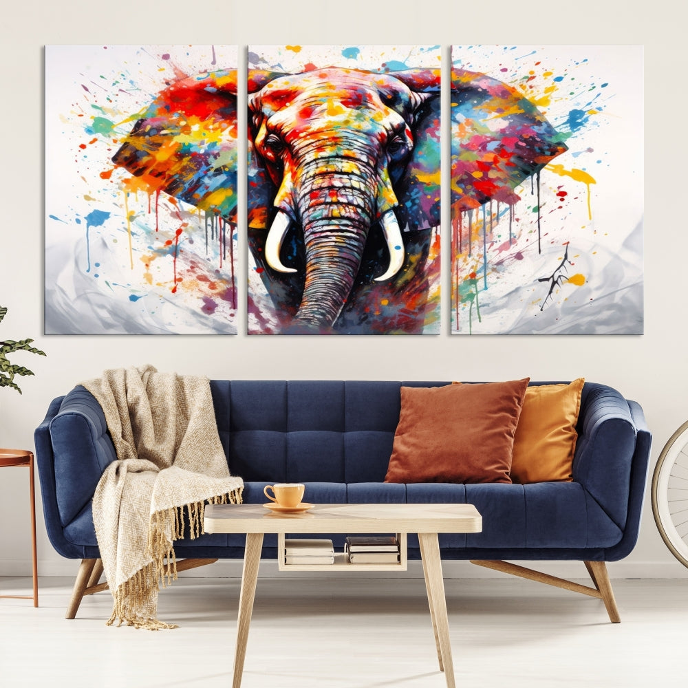 Set of Elephant Abstract Canvas Wall Art Print Framed Modern Artwork for Walls