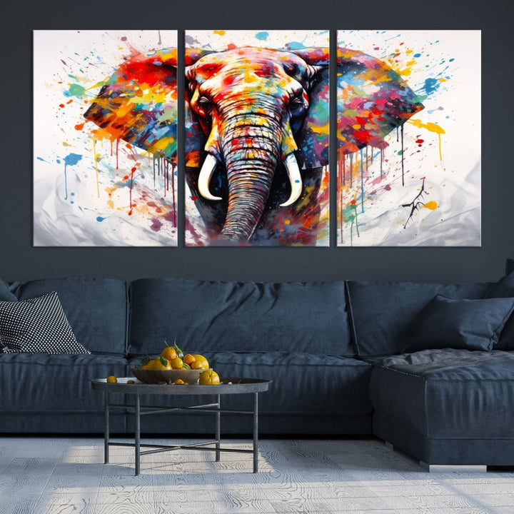 Set of Elephant Abstract Canvas Wall Art Print Framed Modern Artwork for Walls