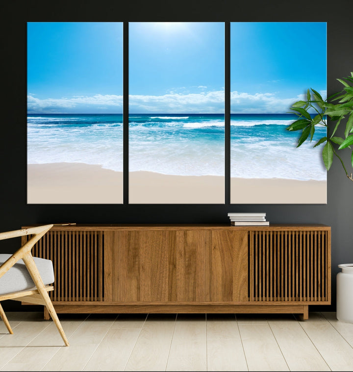 Shiny Blue Sea and Calm Beach Large Wall Art Canvas Print