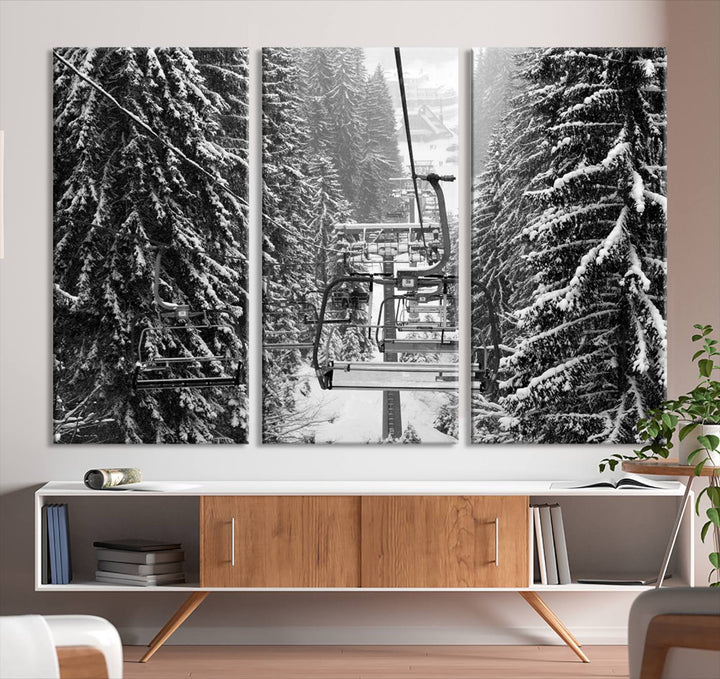 Skiing Artwork Mountain Ski Wall Art Canvas Print, Ski Lift Canvas Wall Art Print - Snowy Winter Forest Landscape Photography for Living Room, Bedroom