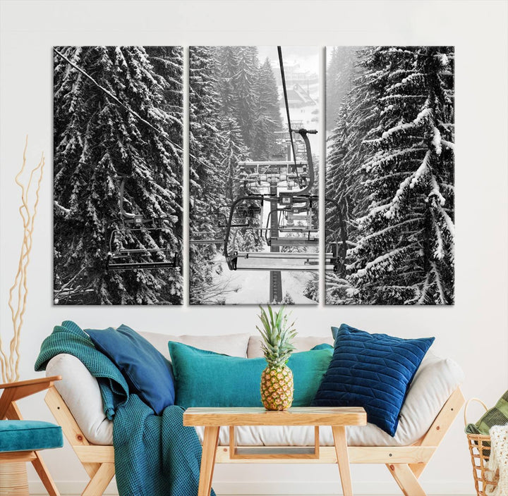 Skiing Artwork Mountain Ski Wall Art Canvas Print, Ski Lift Canvas Wall Art Print - Snowy Winter Forest Landscape Photography for Living Room, Bedroom