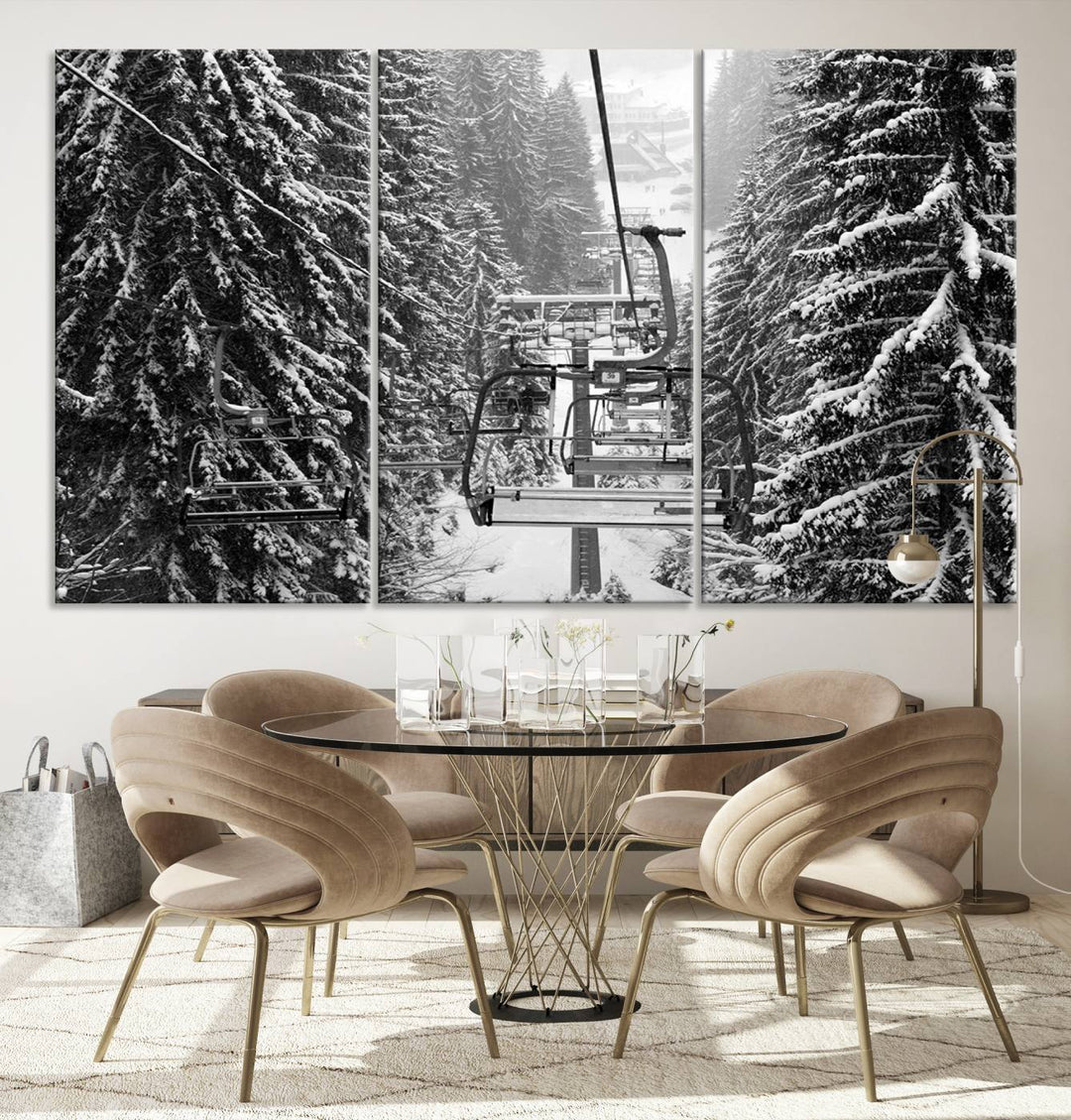 Skiing Artwork Mountain Ski Wall Art Canvas Print, Ski Lift Canvas Wall Art Print - Snowy Winter Forest Landscape Photography for Living Room, Bedroom