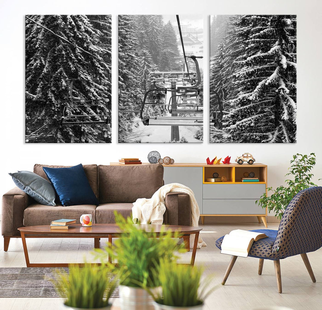 Skiing Artwork Mountain Ski Wall Art Canvas Print, Ski Lift Canvas Wall Art Print - Snowy Winter Forest Landscape Photography for Living Room, Bedroom