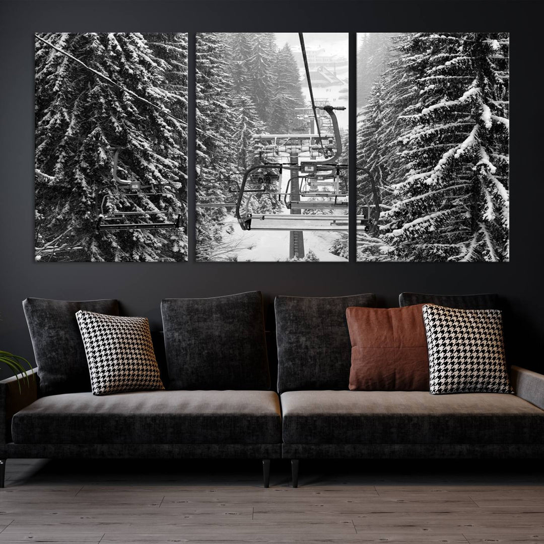 Skiing Artwork Mountain Ski Wall Art Canvas Print, Ski Lift Canvas Wall Art Print - Snowy Winter Forest Landscape Photography for Living Room, Bedroom