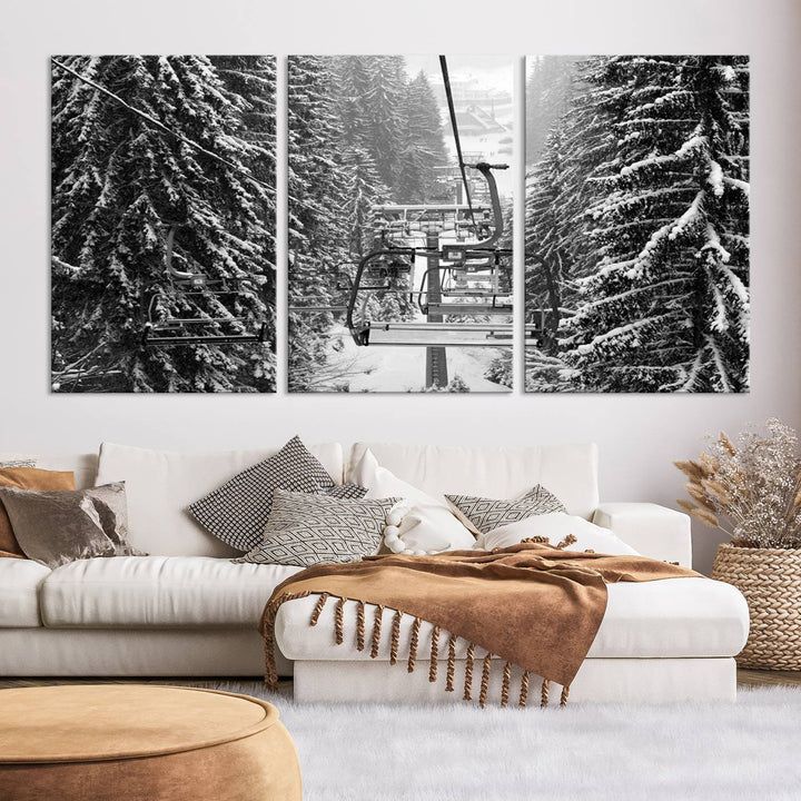 Skiing Artwork Mountain Ski Wall Art Canvas Print, Ski Lift Canvas Wall Art Print - Snowy Winter Forest Landscape Photography for Living Room, Bedroom