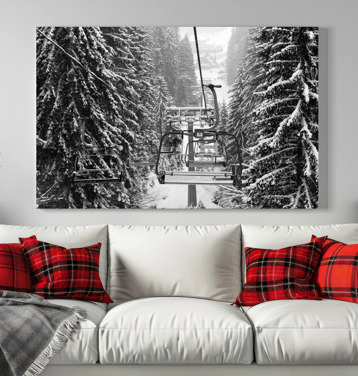 Skiing Artwork Mountain Ski Wall Art Canvas Print, Ski Lift Canvas Wall Art Print - Snowy Winter Forest Landscape Photography for Living Room, Bedroom