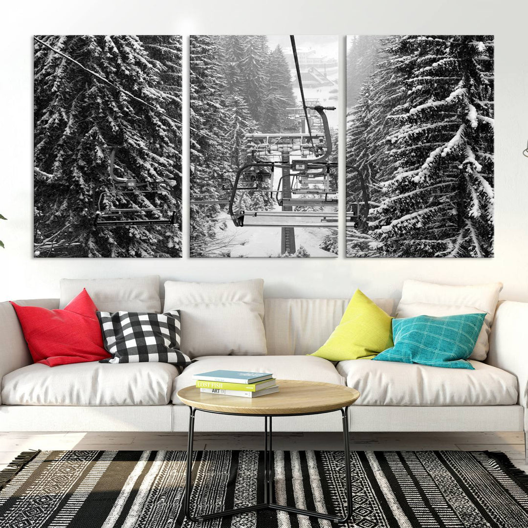 Skiing Artwork Mountain Ski Wall Art Canvas Print, Ski Lift Canvas Wall Art Print - Snowy Winter Forest Landscape Photography for Living Room, Bedroom