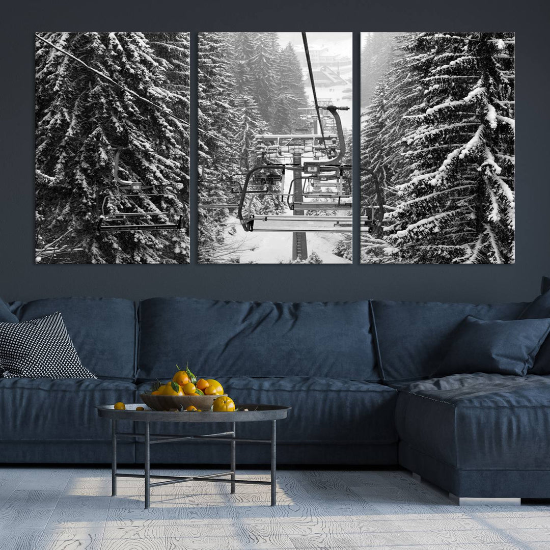 Skiing Artwork Mountain Ski Wall Art Canvas Print, Ski Lift Canvas Wall Art Print - Snowy Winter Forest Landscape Photography for Living Room, Bedroom