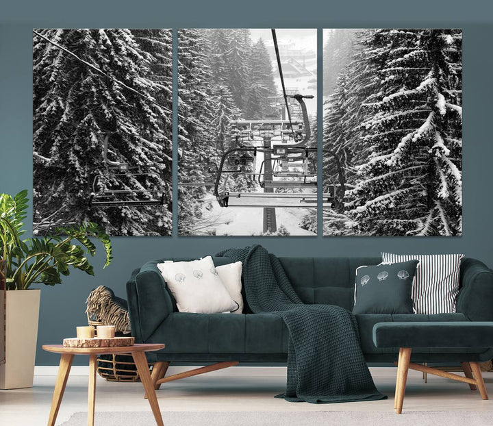 Skiing Artwork Mountain Ski Wall Art Canvas Print, Ski Lift Canvas Wall Art Print - Snowy Winter Forest Landscape Photography for Living Room, Bedroom