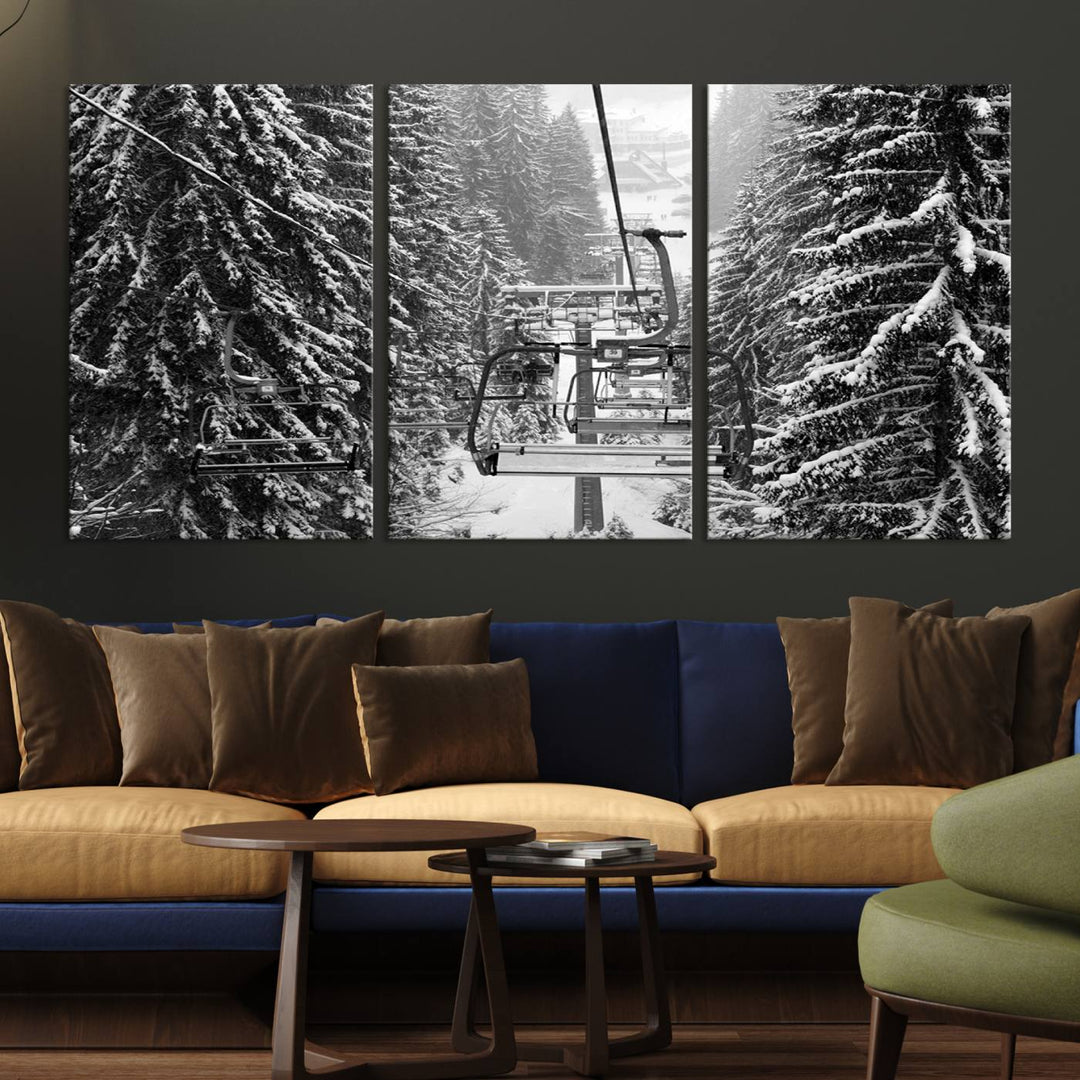 Skiing Artwork Mountain Ski Wall Art Canvas Print, Ski Lift Canvas Wall Art Print - Snowy Winter Forest Landscape Photography for Living Room, Bedroom