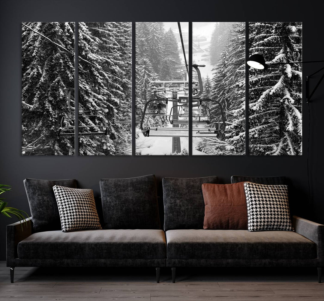 Skiing Artwork Mountain Ski Wall Art Canvas Print, Ski Lift Canvas Wall Art Print - Snowy Winter Forest Landscape Photography for Living Room, Bedroom