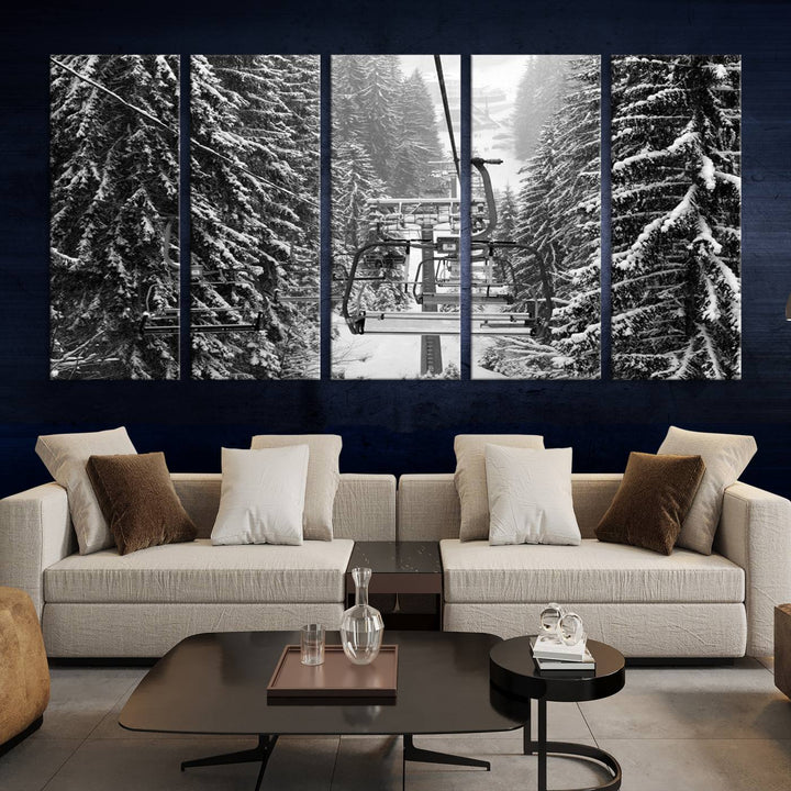 Skiing Artwork Mountain Ski Wall Art Canvas Print, Ski Lift Canvas Wall Art Print - Snowy Winter Forest Landscape Photography for Living Room, Bedroom