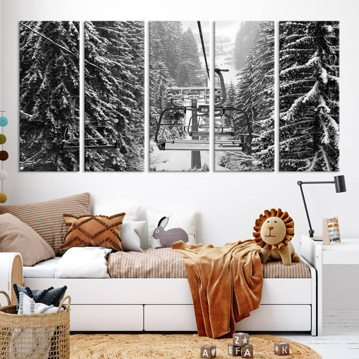 Skiing Artwork Mountain Ski Wall Art Canvas Print, Ski Lift Canvas Wall Art Print - Snowy Winter Forest Landscape Photography for Living Room, Bedroom