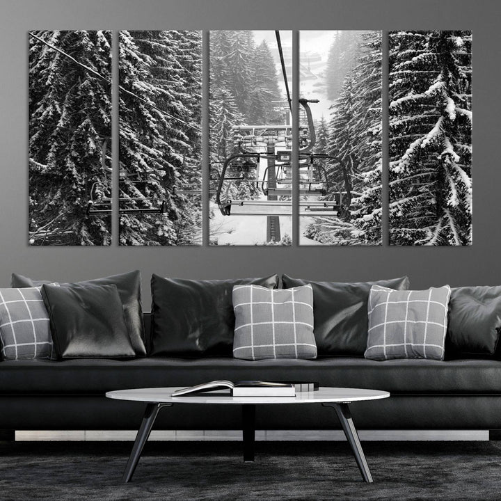 Skiing Artwork Mountain Ski Wall Art Canvas Print, Ski Lift Canvas Wall Art Print - Snowy Winter Forest Landscape Photography for Living Room, Bedroom