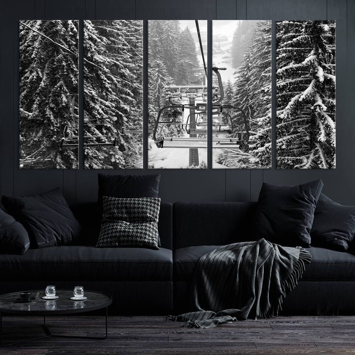 Skiing Artwork Mountain Ski Wall Art Canvas Print, Ski Lift Canvas Wall Art Print - Snowy Winter Forest Landscape Photography for Living Room, Bedroom