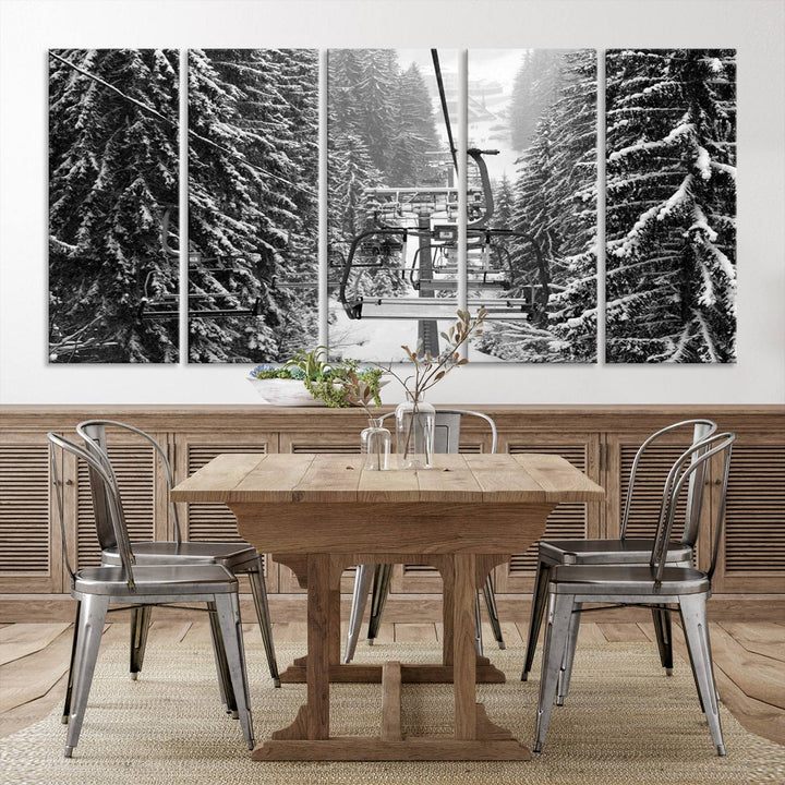 Skiing Artwork Mountain Ski Wall Art Canvas Print, Ski Lift Canvas Wall Art Print - Snowy Winter Forest Landscape Photography for Living Room, Bedroom