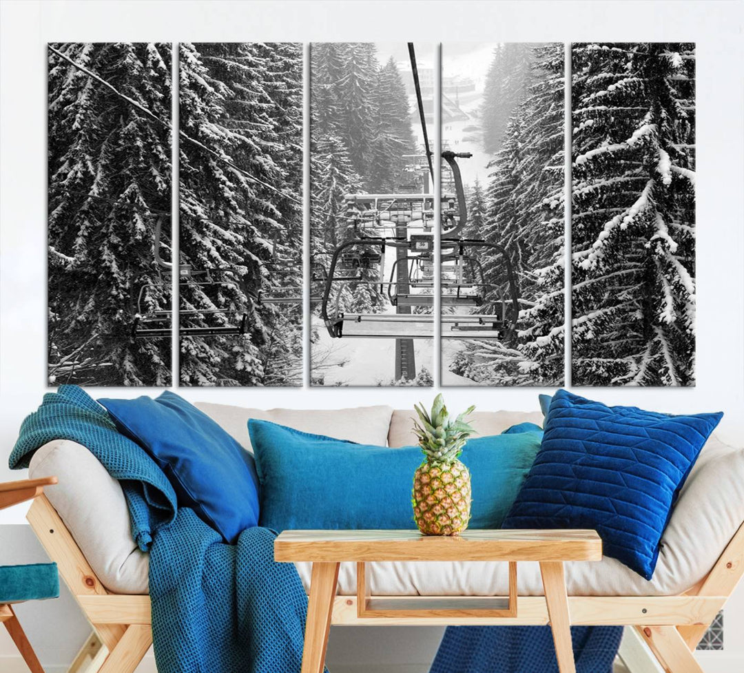 Skiing Artwork Mountain Ski Wall Art Canvas Print, Ski Lift Canvas Wall Art Print - Snowy Winter Forest Landscape Photography for Living Room, Bedroom