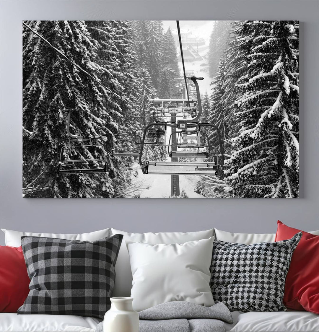 Skiing Artwork Mountain Ski Wall Art Canvas Print, Ski Lift Canvas Wall Art Print - Snowy Winter Forest Landscape Photography for Living Room, Bedroom