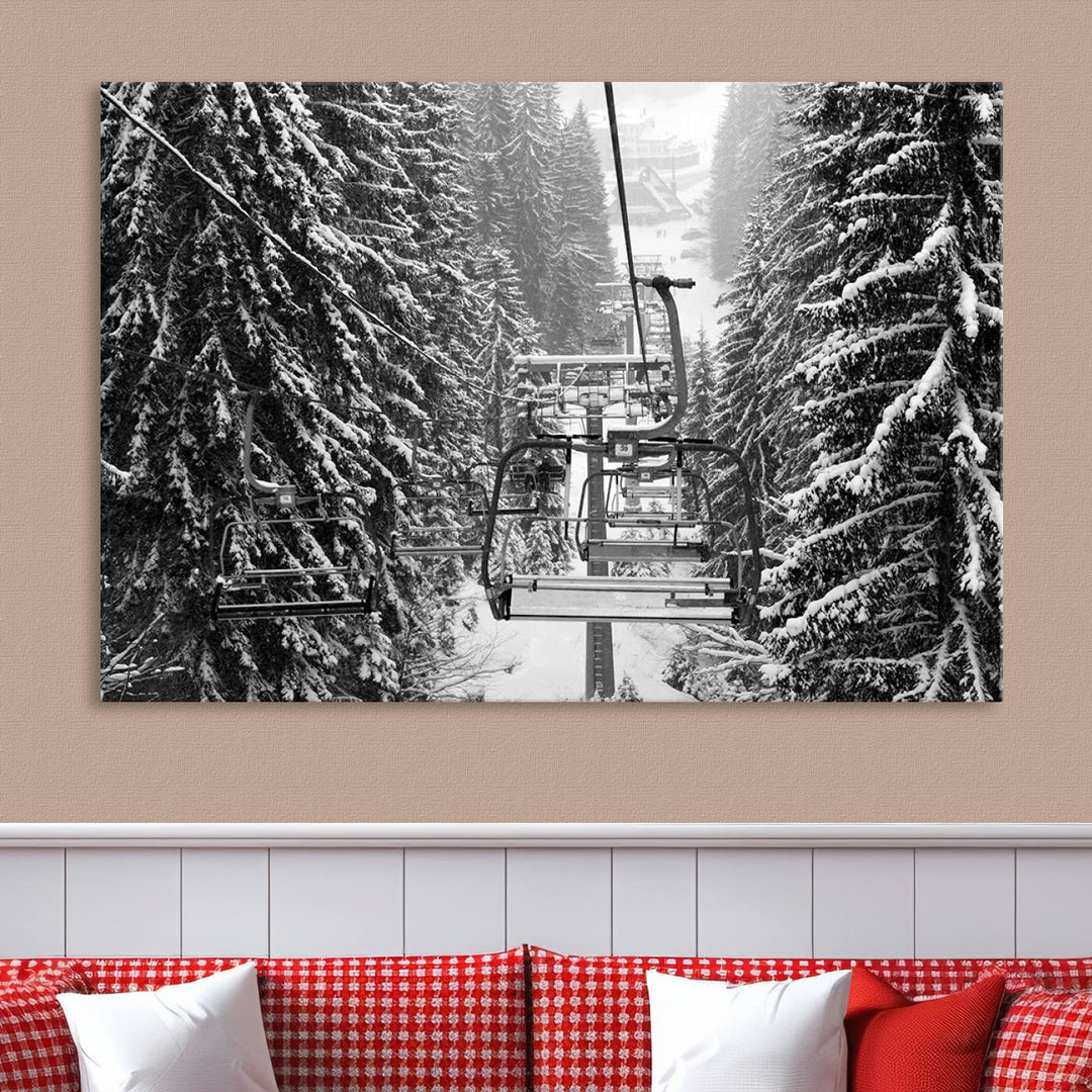 Skiing Artwork Mountain Ski Wall Art Canvas Print, Ski Lift Canvas Wall Art Print - Snowy Winter Forest Landscape Photography for Living Room, Bedroom