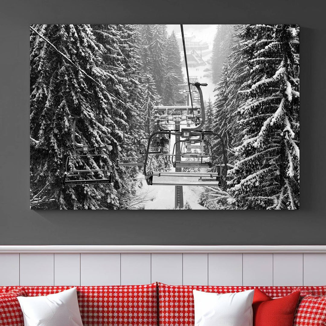 Skiing Artwork Mountain Ski Wall Art Canvas Print, Ski Lift Canvas Wall Art Print - Snowy Winter Forest Landscape Photography for Living Room, Bedroom