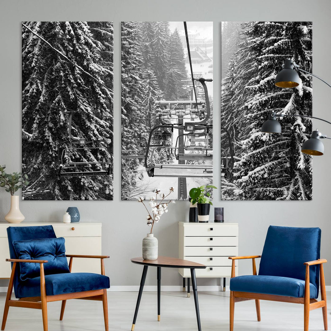 Skiing Artwork Mountain Ski Wall Art Canvas Print, Ski Lift Canvas Wall Art Print - Snowy Winter Forest Landscape Photography for Living Room, Bedroom