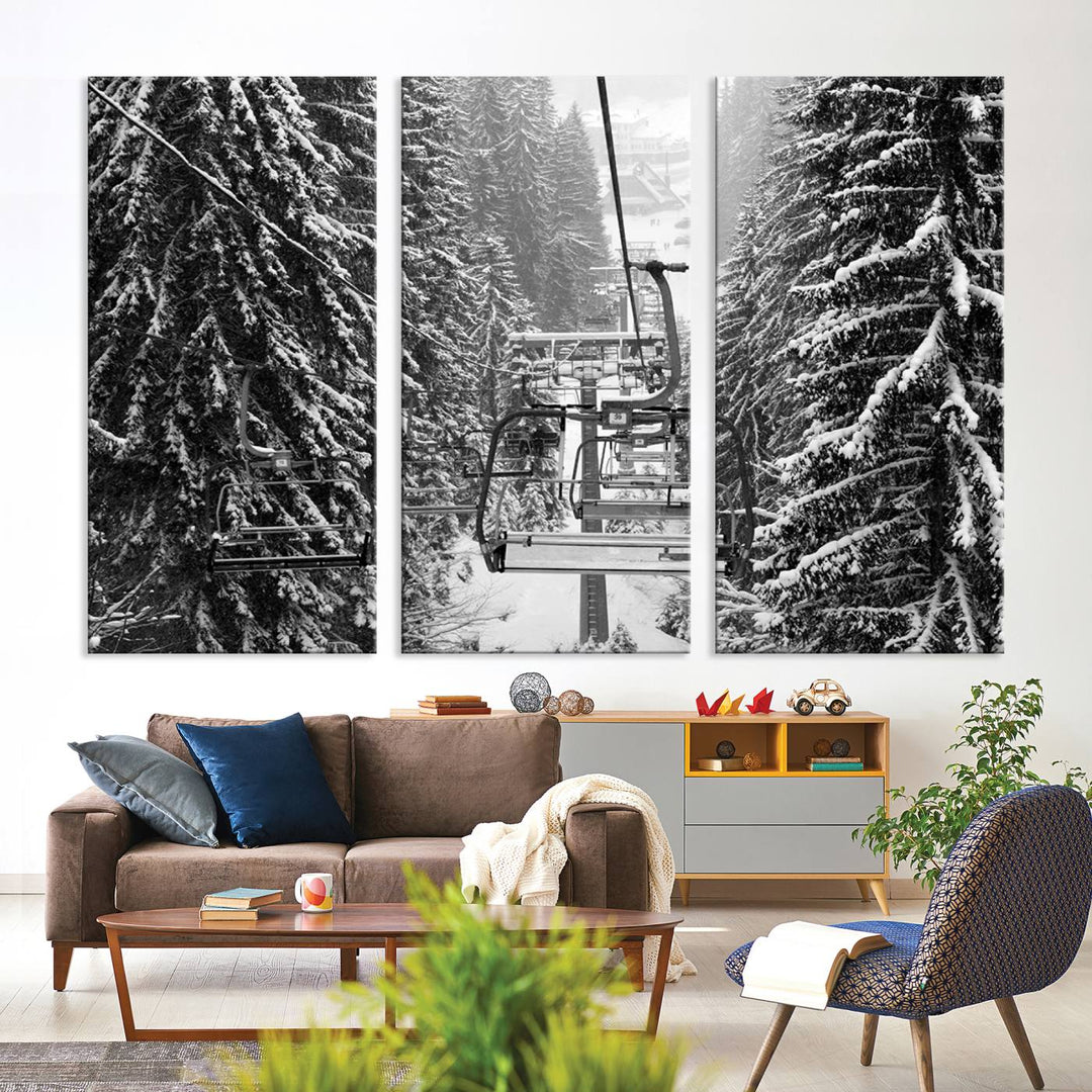 Skiing Artwork Mountain Ski Wall Art Canvas Print, Ski Lift Canvas Wall Art Print - Snowy Winter Forest Landscape Photography for Living Room, Bedroom