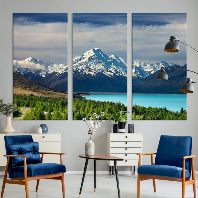 Snowy Mountains Behind Forest and Sea Wall Art