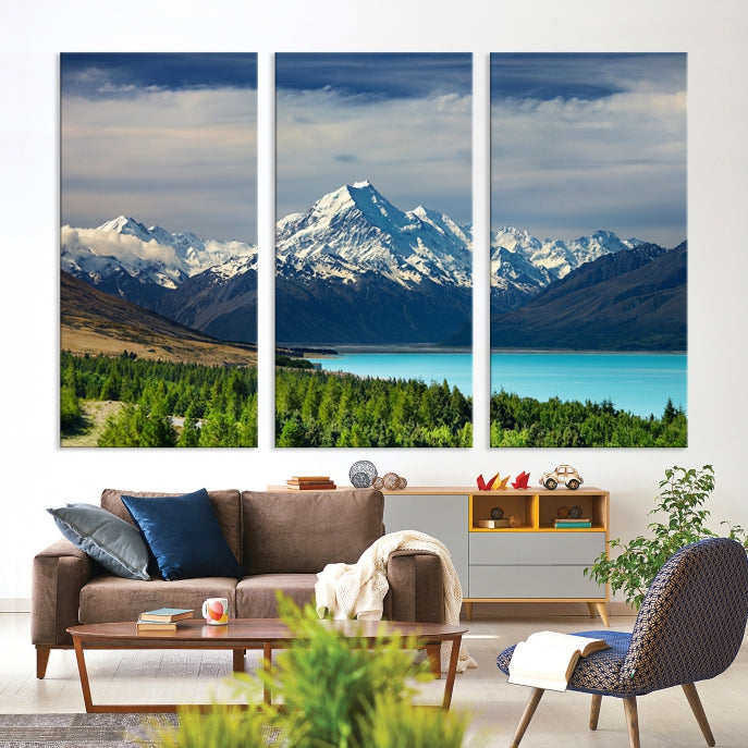 Snowy Mountains Behind Forest and Sea Wall Art