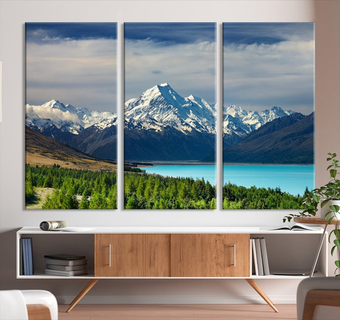 Snowy Mountains Behind Forest and Sea Wall Art