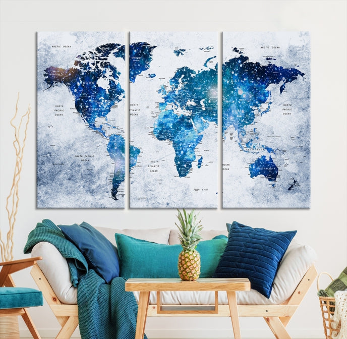 Sparkle Blue World Map Wall Art Canvas Print Push Pin Map Wall Decor