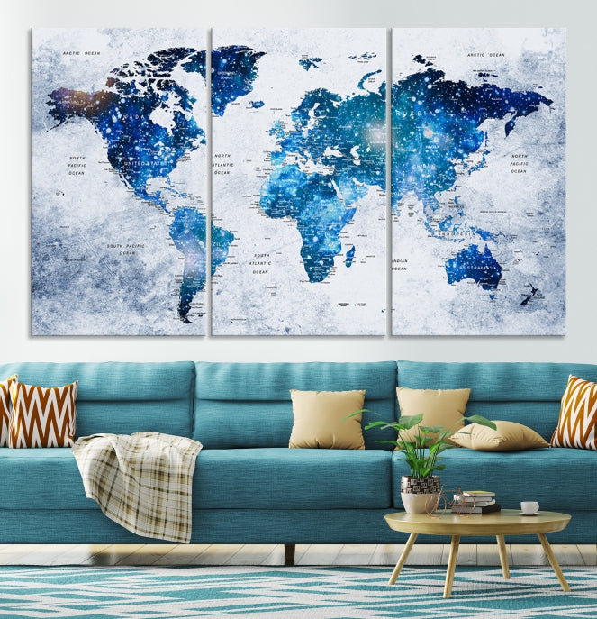 Sparkle Blue World Map Wall Art Canvas Print Push Pin Map Wall Decor