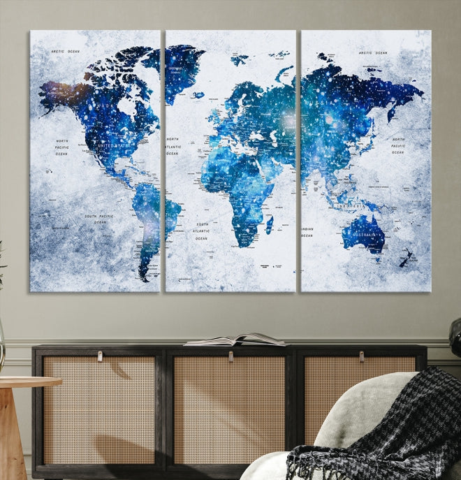 Sparkle Blue World Map Wall Art Canvas Print Push Pin Map Wall Decor