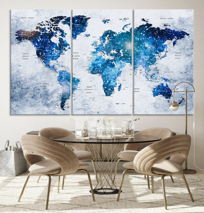 Sparkle Blue World Map Wall Art Canvas Print Push Pin Map Wall Decor