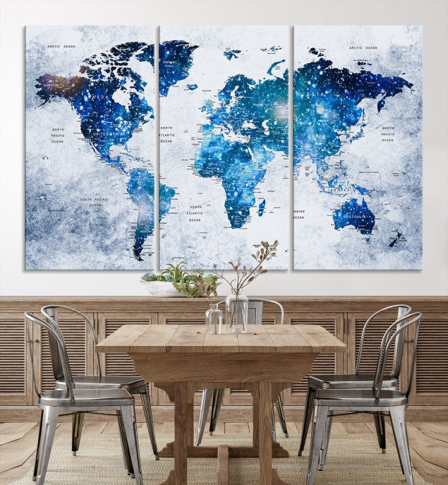 Sparkle Blue World Map Wall Art Canvas Print Push Pin Map Wall Decor