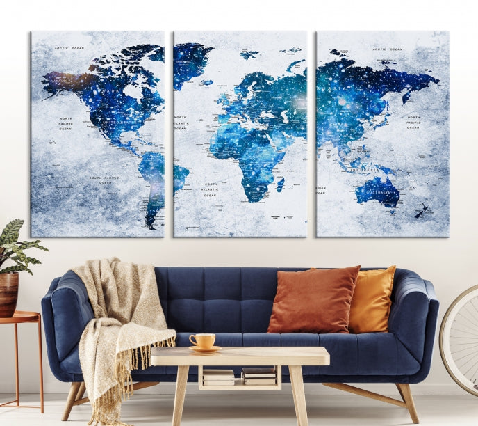 Sparkle Blue World Map Wall Art Canvas Print Push Pin Map Wall Decor