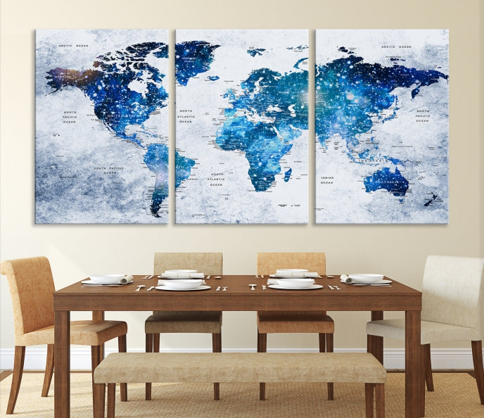 Sparkle Blue World Map Wall Art Canvas Print Push Pin Map Wall Decor