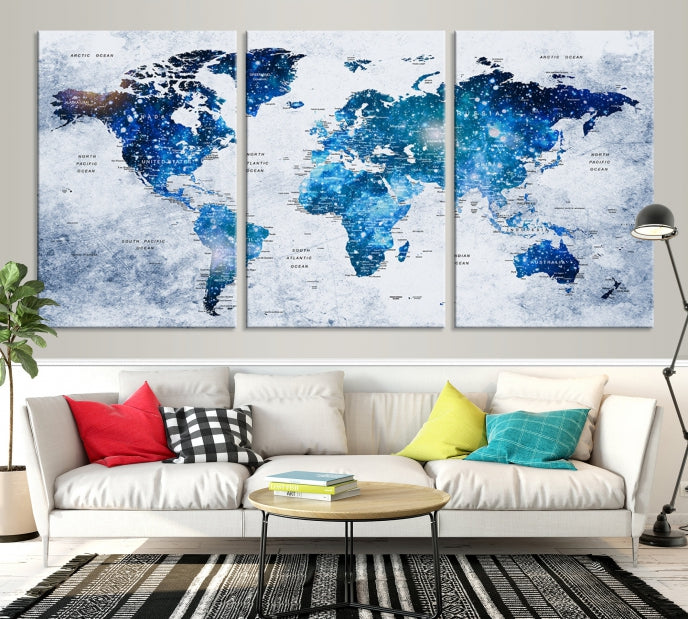 Sparkle Blue World Map Wall Art Canvas Print Push Pin Map Wall Decor