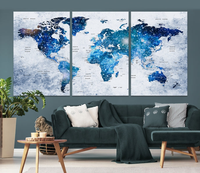 Sparkle Blue World Map Wall Art Canvas Print Push Pin Map Wall Decor