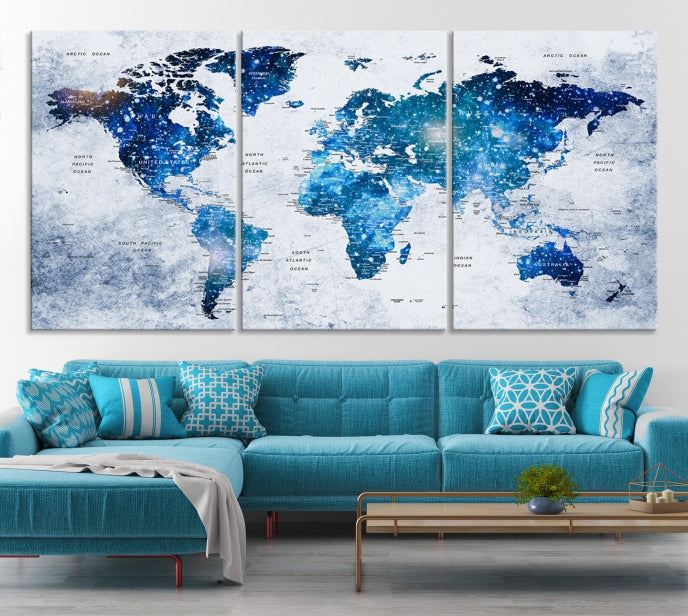 Sparkle Blue World Map Wall Art Canvas Print Push Pin Map Wall Decor