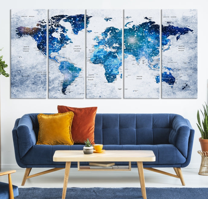 Sparkle Blue World Map Wall Art Canvas Print Push Pin Map Wall Decor