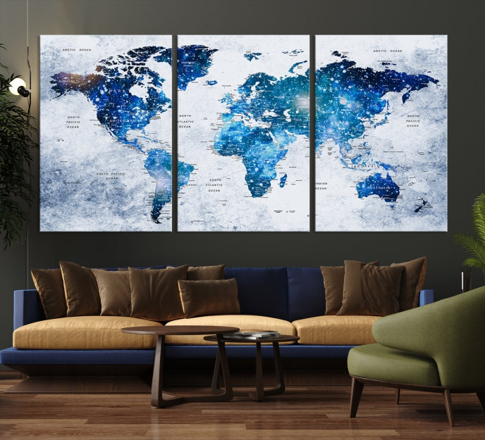 Sparkle Blue World Map Wall Art Canvas Print Push Pin Map Wall Decor