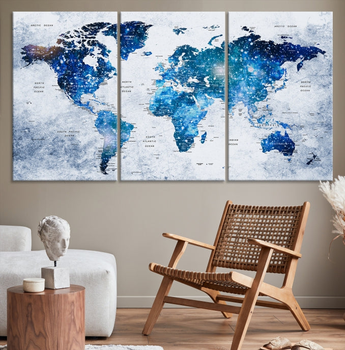 Sparkle Blue World Map Wall Art Canvas Print Push Pin Map Wall Decor